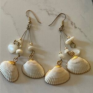 Gold tone and Cream Shell Dangle Earrings Vintage
